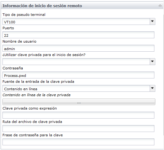 Parámetros de inicio de sesión remoto del operador Ejecutar script SSH