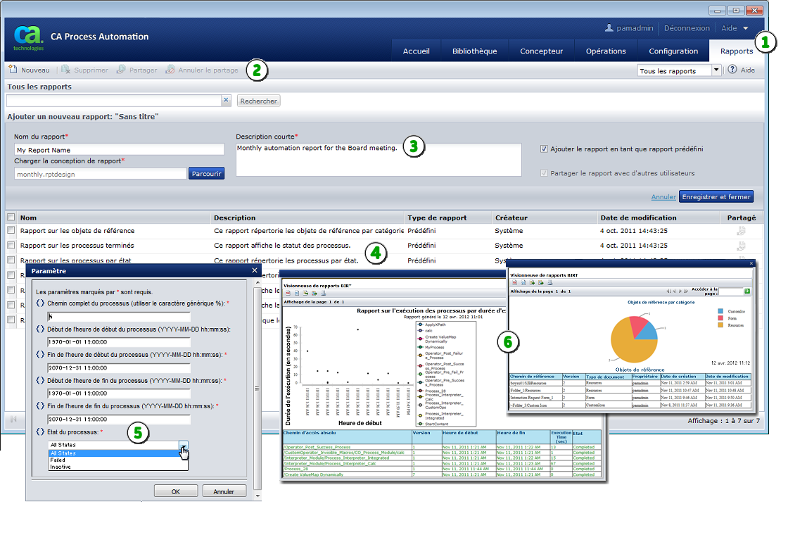 Capture de la page Rapports avec ses fonctions principales mises en surbrillance.