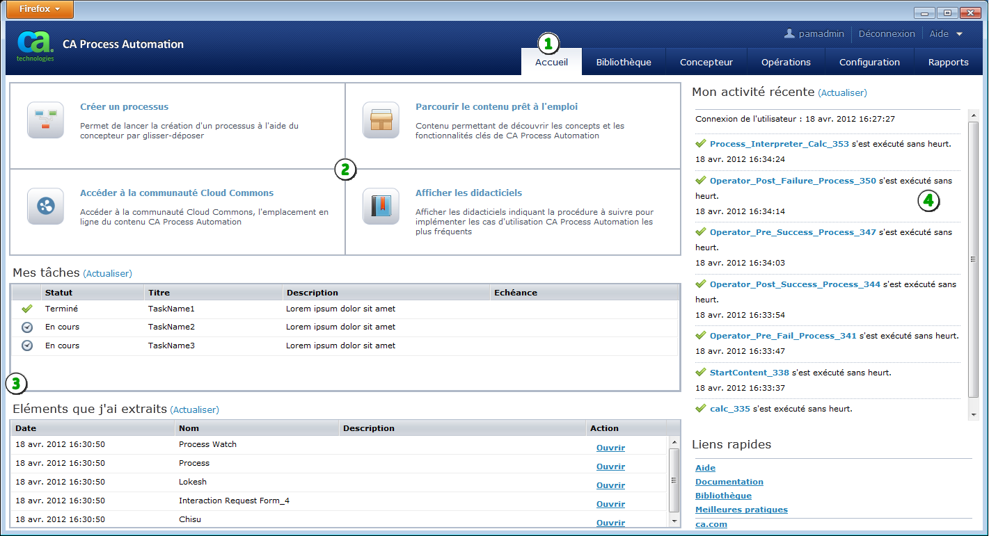 Capture de la page d'accueil de CA Process Automation avec ses fonctionnalités mises en surbrillance.