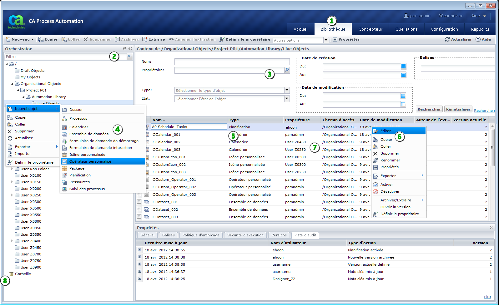 Capture de la page de l'explorateur de bibliothèque avec différentes zones mises en surbrillance.