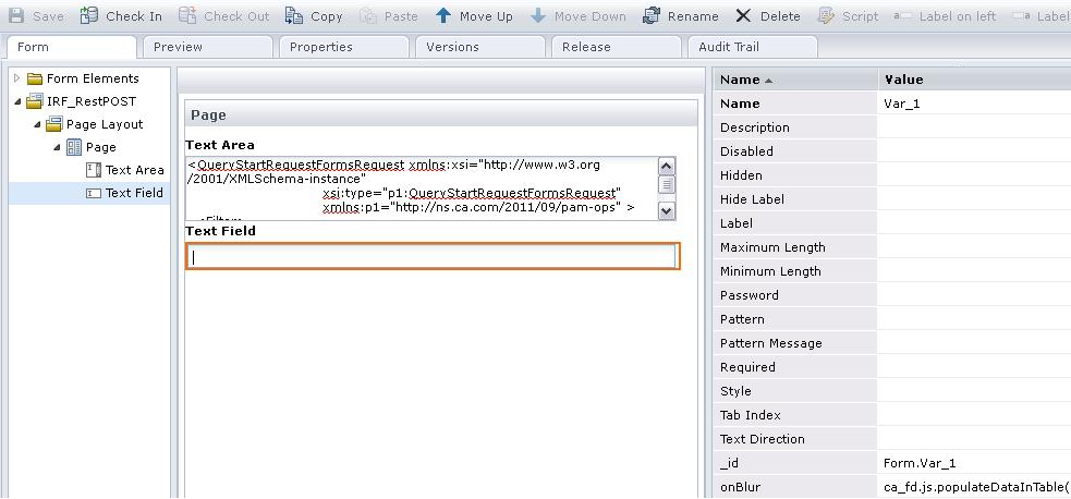Formulaire de demande interactif qui permet de récupérer tous les formulaires de demande de démarrage dans la bibliothèque CA Process Automation en appelant l'API REST PAM contenue dans le conteneur CA Catalyst.