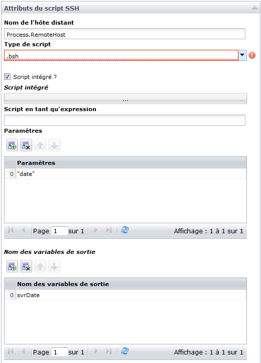Paramètres du script de l'opérateur Exécuter un script