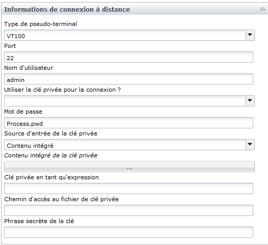 Paramètres de connexion à distance de l'opérateur Exécuter un script SSH