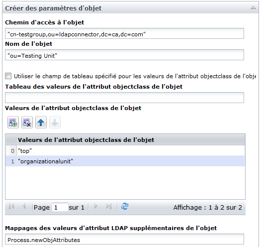 Paramètres d'entrée pour l'opérateur Créer un objet