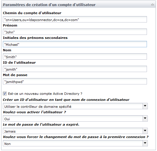 Paramètres d'entrée de l'opérateur Créer un utilisateur