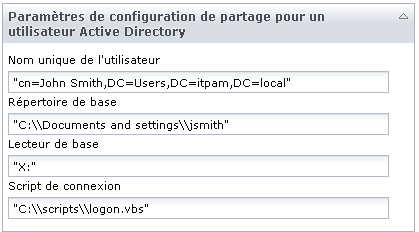 Paramètres d'entrée de l'opérateur Mettre à jour le répertoire de base de l'utilisateur
