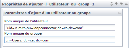 Paramètres d'entrée de l'opérateur Ajouter l'utilisateur au groupe