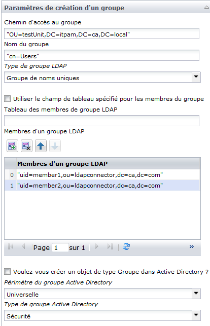 Paramètres d'entrée pour l'opérateur Créer un groupe