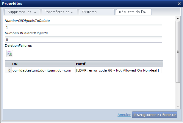 Données d'échec dans l'onglet Résultats de l'opération (opérateur Supprimer l'objet)