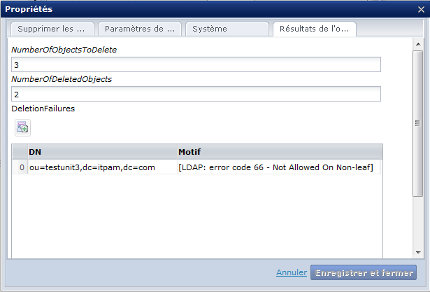 Echecs de suppression (opérateur Supprimer l'objet)