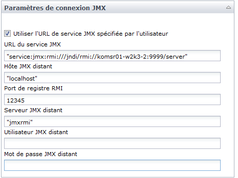 Paramètres d'entrée de connexion JMX de l'opérateur Obtenir les attributs MBean
