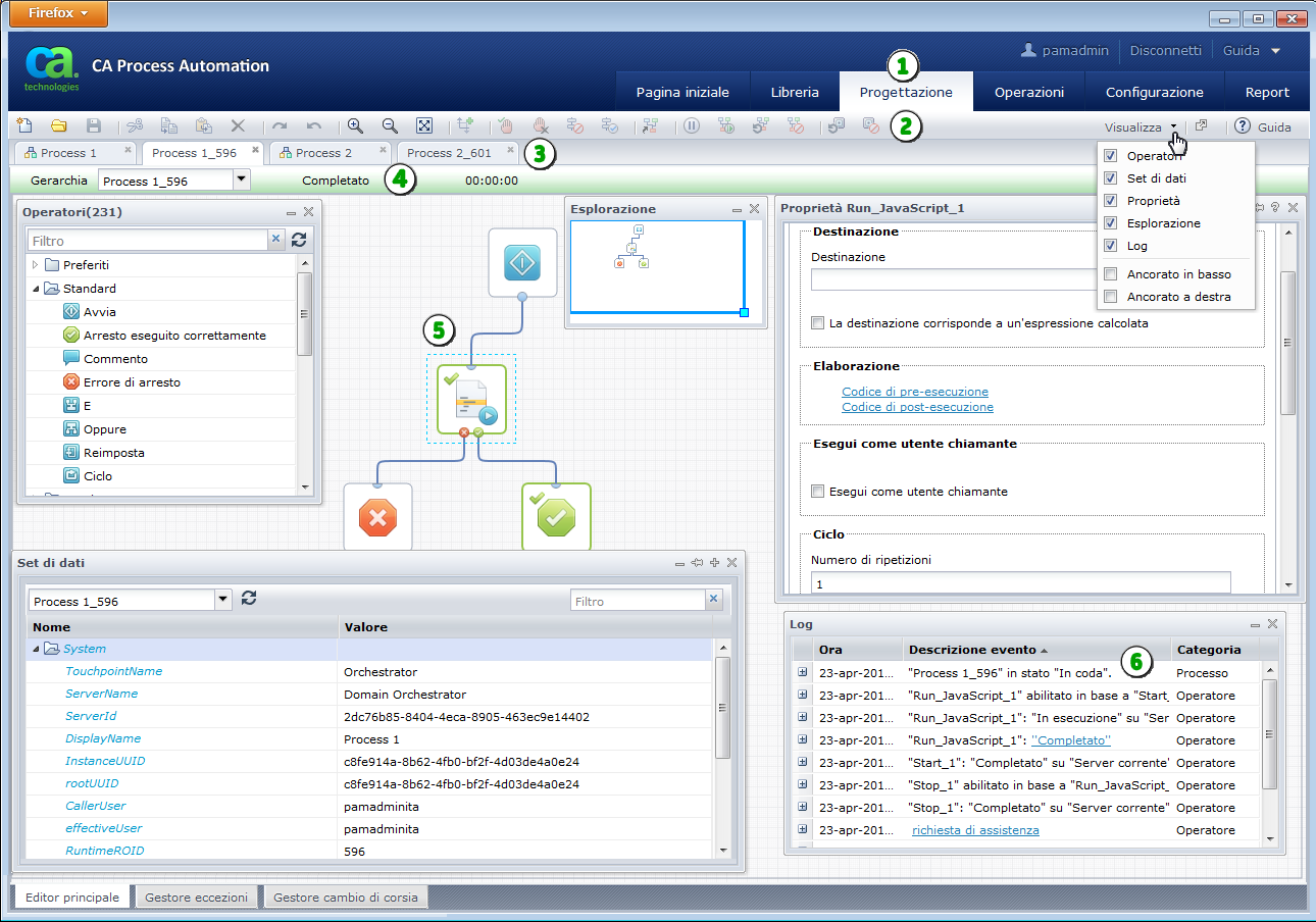 Questa immagine riassume come eseguire le istanze del processo nella pagina Progettazione.