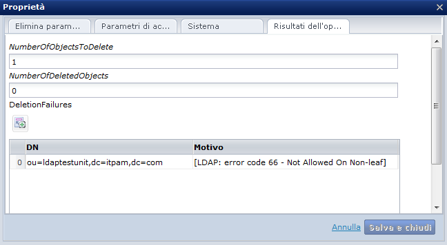 Dati di errore nella scheda Risultati dell'operazione (operatore Elimina oggetto)