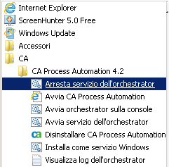Dal menu Start, selezionare CA, CA Process Automation r.1 SP01, Arresta servizio dell'orchestrator.