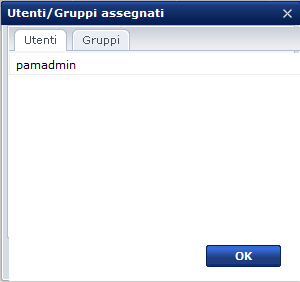 Questa figura mostra la finestra di dialogo Utenti/Gruppi assegnati, nella quale è disponibile una scheda Utenti e una scheda Gruppi.
