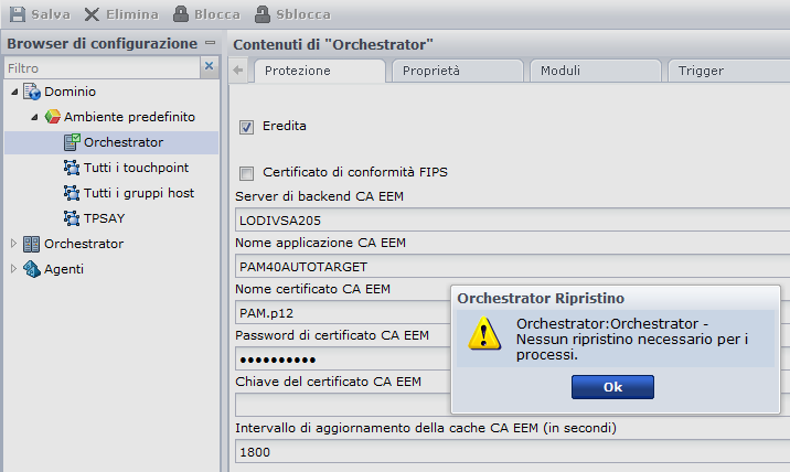 Questa figura mostra il messaggio visualizzato da un Ochestrator durante il ripristino di un Touchpoint.