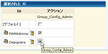 追加したグループについて、Group_Config_Admin アクションを選択します。