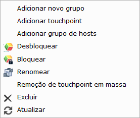 O menu do Ambiente inclui as opções Adicionar novo grupo, Adicionar touchpoint, Adicionar grupo de hosts, Renomear e Remoção de touchpoint em massa.