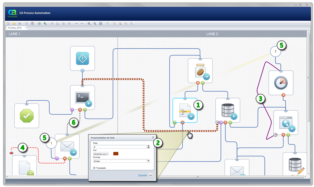 Este gráfico mostra um exemplo de portas e links do operador de processo.