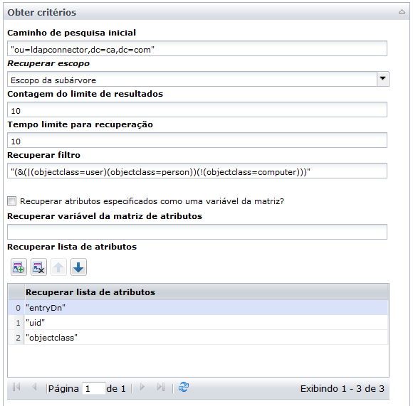 Critérios de recuperação do operador Obter usuário