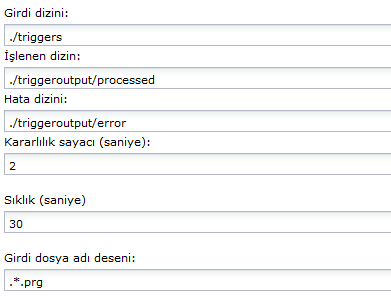 Girdi dizini ./triggers, İşlenenler dizini ./triggeroutput/processed, Hata dizini ./triggeroutput/error, Girdi dosyası deseni .*.trigger'dır.