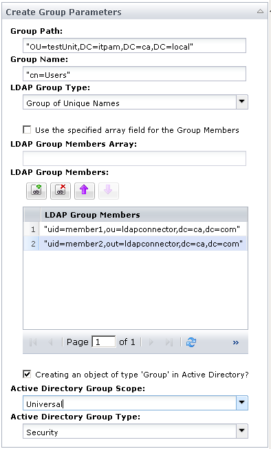 Grup Oluşturma işleci için girdi parametreleri