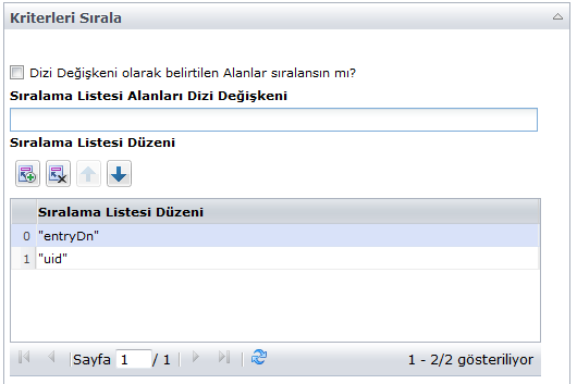 Kullanıcı Alma işleci sıralama kriterleri