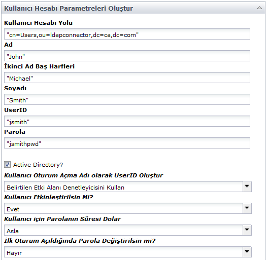 Kullanıcı Oluşturma İşleci Girdi Parametreleri
