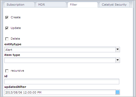 Filter tab on the Catalyst Subscriptions dialog.