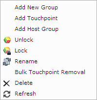 The menu for Environment includes add new group, add touchpoint, add host ggorup, rename, and bulk touchpoint removal.