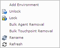 Domain menu options include Add Environment, Bulk Agent Removal, Bulk Touchpoint Removal, and Rename.