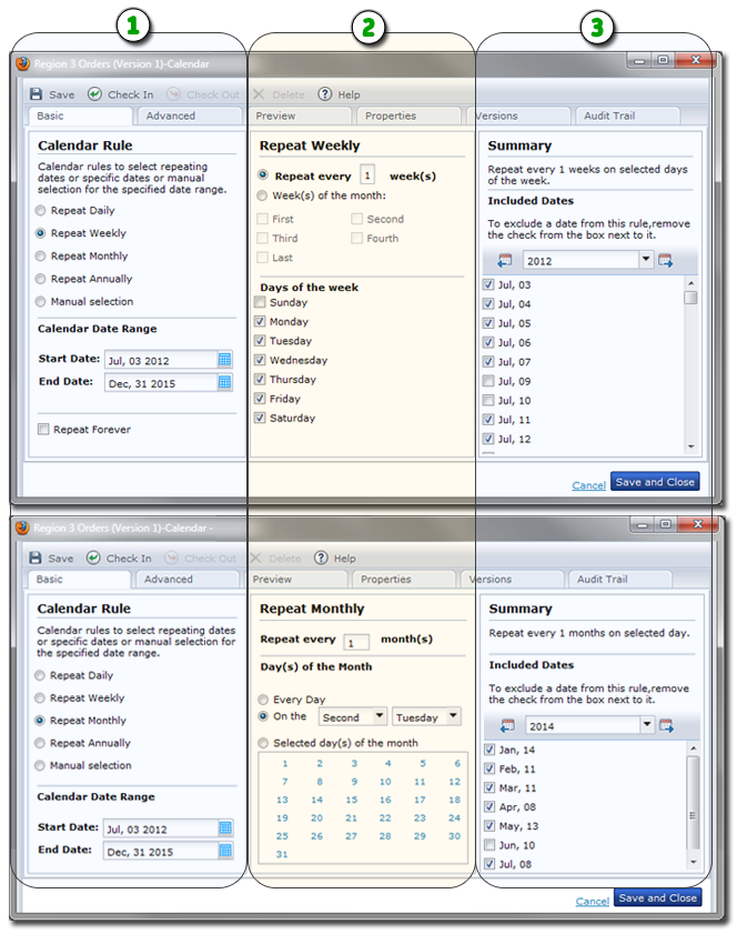 This graphic highlights the basic functions of the Calendar Designer.