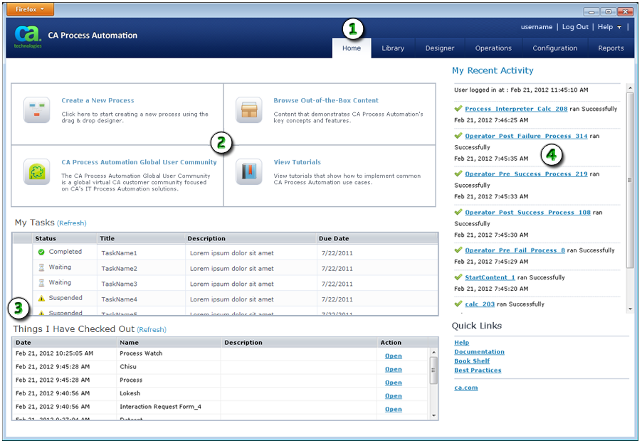 This graphic shows the CA Process Automation Home page with highlighted features.