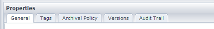 Properties for a selected object can include the following tabs: General, Tags, Archival Policy, Versions, Release, and Audit Trail