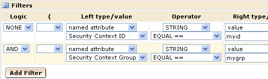 This graphic shows how you can use filters and specify values for named attributes when creating a policy for multi-tenancy.
