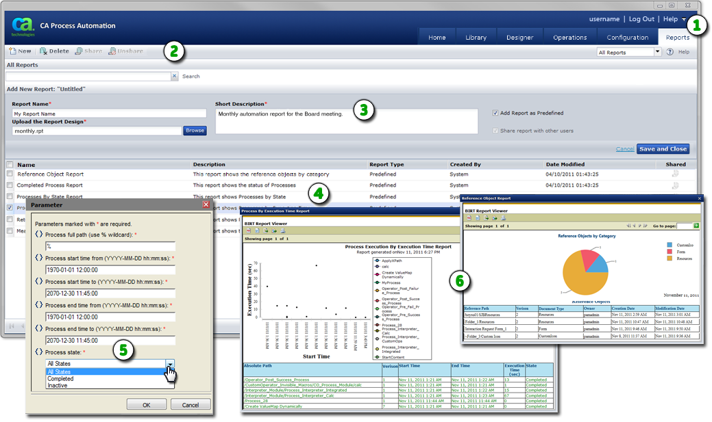 This graphic highlights the main functions you perform on the Reports page.