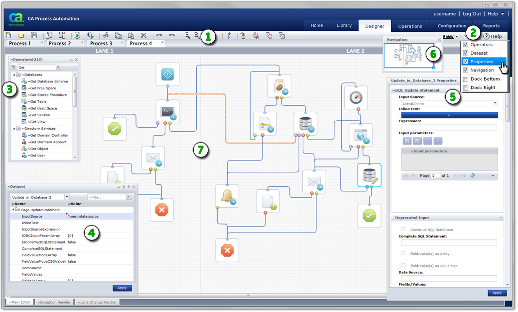 This graphic highlights the functions of the Process Designer page.