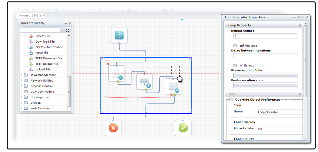 This graphic shows an example of looping a sequence of operators in a process.