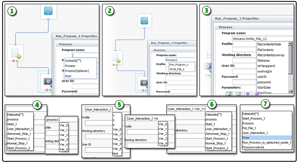 This graphic shows an example of how to use the Dataset Variable Name Assistance.