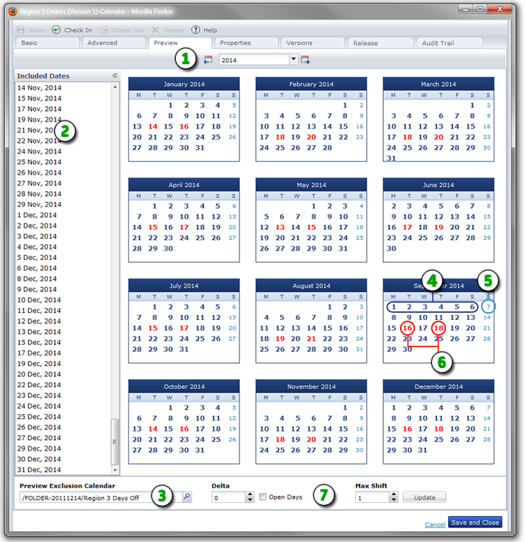 This graphic shows how you can use the Preview tab to check the dates on your calendar.