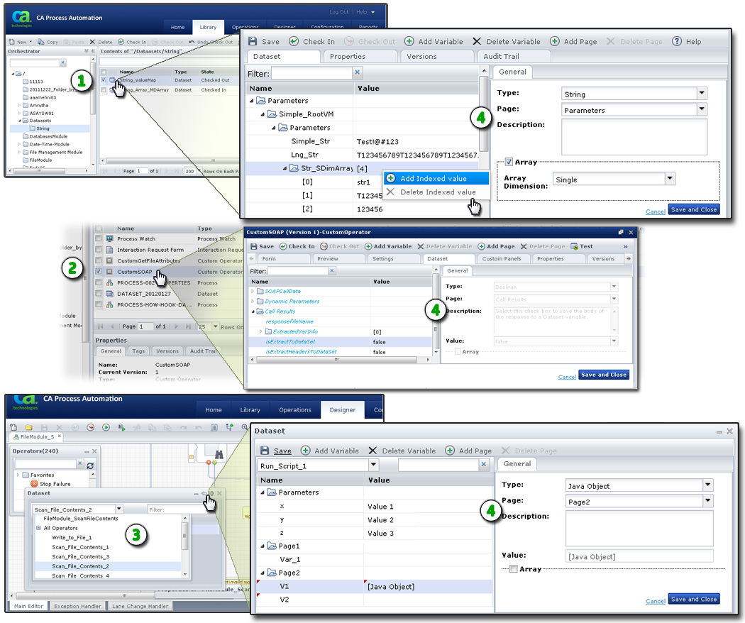 This graphic highlights how you access and work with datasets in CA Process Automation.
