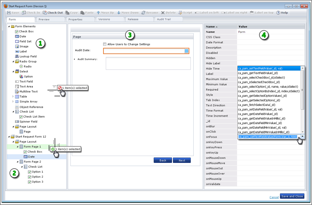 This graphic shows how you use the tabs and panes in the Form Designer to design a form.