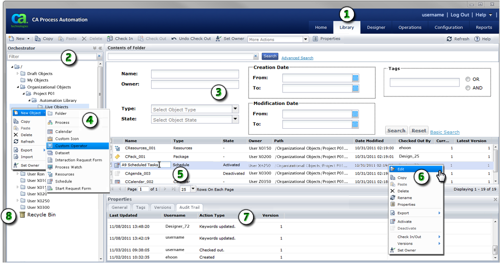 This graphic shows the Library Browser page with different areas highlighted.