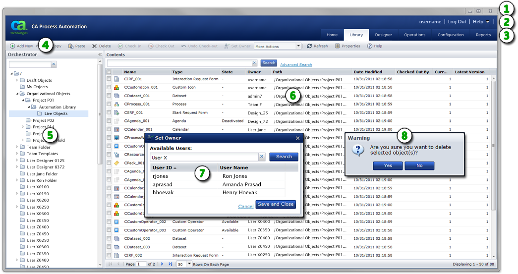 This graphic highlights how to work with the user interface to perform CA Process Automation functions.