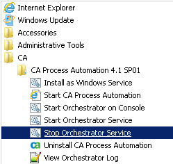 From the Start menu, select CA, Ca Process Atuomation r.1 SP01, Stop Orchestrator Service.