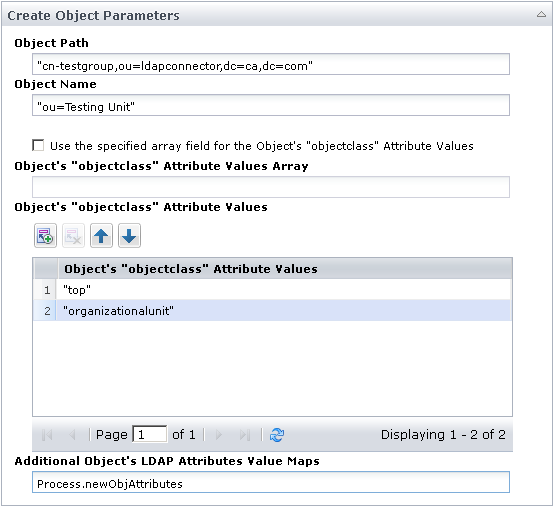 Input parameters for the Create Object operator
