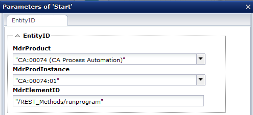 Catalyst CA Process Automation connector parameters for starting a process