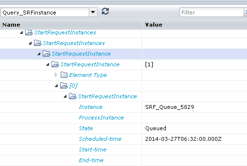 Output parameters display the SRF in the queued state.
