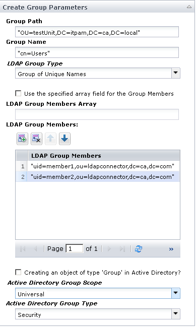 Input parameters for the Create Group operator