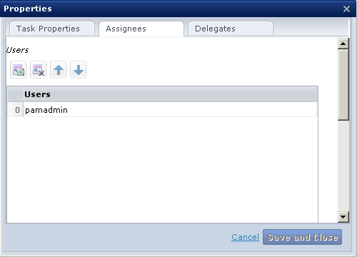 This graphic shows task properties to view delegates and assignees